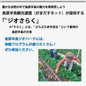 豊かな自然の中で清々しい汗をかいて島原半島の魅力を再発見しよう。 がまだすネットが提供する「ジオさらく 」。 ※「さらく」とは、”ぶらぶら歩き回る”という意味の、島原半島の方言。 島原半島ジオパークには、「がまだすネット」が提供する体験プログラムが盛りだくさん！ぜひご参加ください。